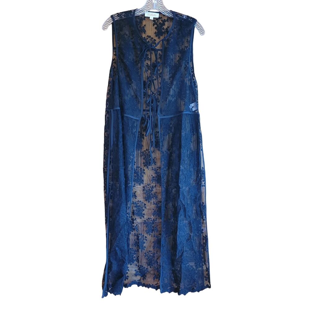 Listicle Black Floral Lace Duster Vest Sheer Maxi Cover Up Boho Gothic Festival